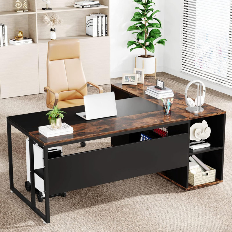Bureau de direction en L 71 po avec armoire de rangement et tablettes, Brun / Noir
