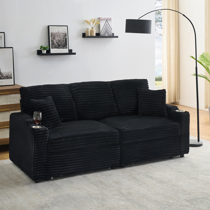 Velours côtelé de 80 pouces pliable avec couchette cachée, porte-gobelet, 2 coussins, noir, facile à placer dans le salon