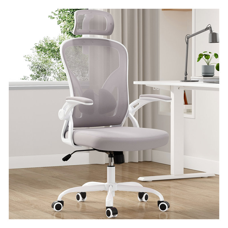 Chaise de bureau ergonomique avec support lombaire réglable, chaise de bureau à haut dossier avec appui-tête et accoudoirs rabattables, chaise d'ordinateur en filet respirant pour salle d'étude de bureau à domicile - blanc et gris