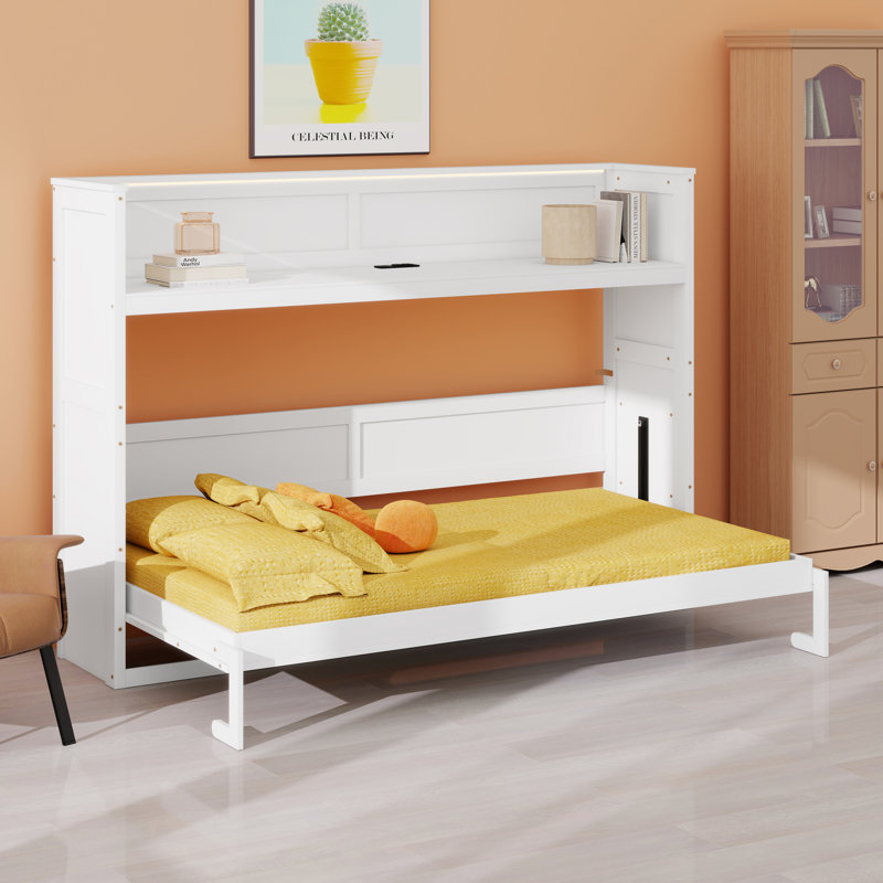 Lit armoire mural en bois intégré avec tablettes, Blanc