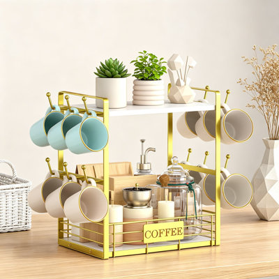 Coffee Mug Cup Holder Stand Bar Station Organizer for Countertop, Multi-Functional 2 Tier Mug Tree Rack with 12 Hooks, Kitchen Storage Shelf