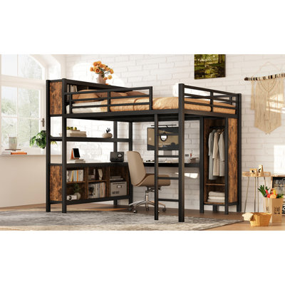 Grand lit mezzanine en métal de style moderne avec rangement et établi en L, garde-robe à assemblage simple, bureau, tablettes, robuste pour adolescents, noir, style, peu encombrant