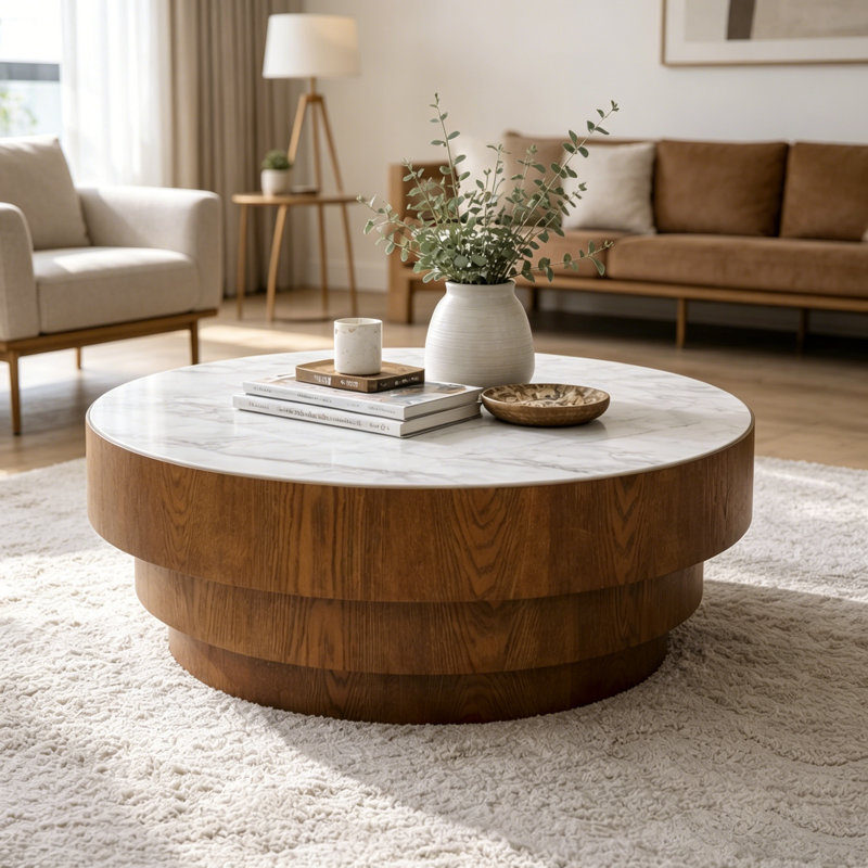 Table basse ronde en bois fritté de 31,5 po avec base cylindrique en bois, White / Brown
