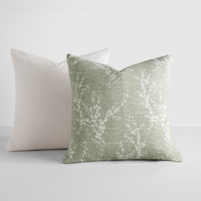 Ensemble de 2 coussins décoratifs en coton flammé couleur saule, Blanc / motif floral vert