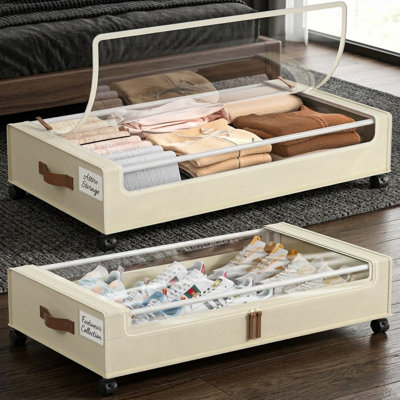 2 Pack Under Bed Storage Containers with Wheels Clear Window Label Metal Frame Rolling Drawer for Clothes Shoes