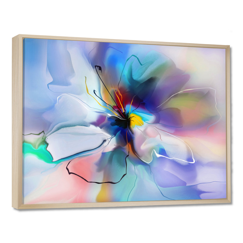 Fleur abstraite, création et impression bleue, H 12 po x l 20 po, Cadre flottant érable