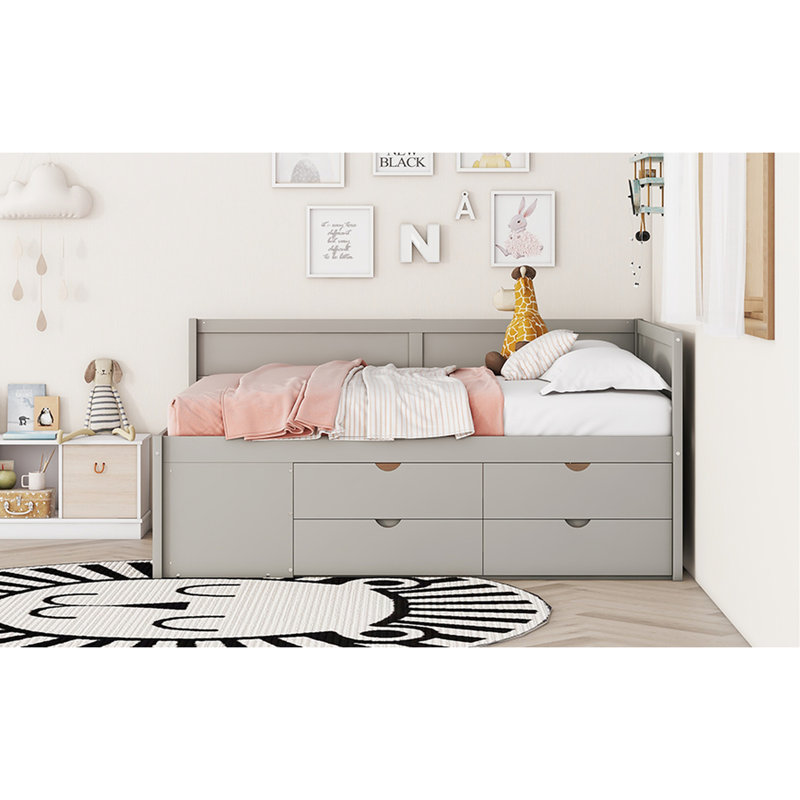 Lit de jour avec tiroirs et tablettes, gris, pleine - stable, design élégant et gris, idées de rangement utiles, lit tendance