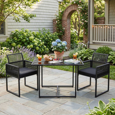 Ensemble de salle à manger d'extérieur 3 pièces toutes saisons, chaises à dossier pliable avec coussins de siège moelleux amovibles et lavables et table assortie stable, convient au patio, à la cour, au patio, au porche, au bord de la piscine, au jardin