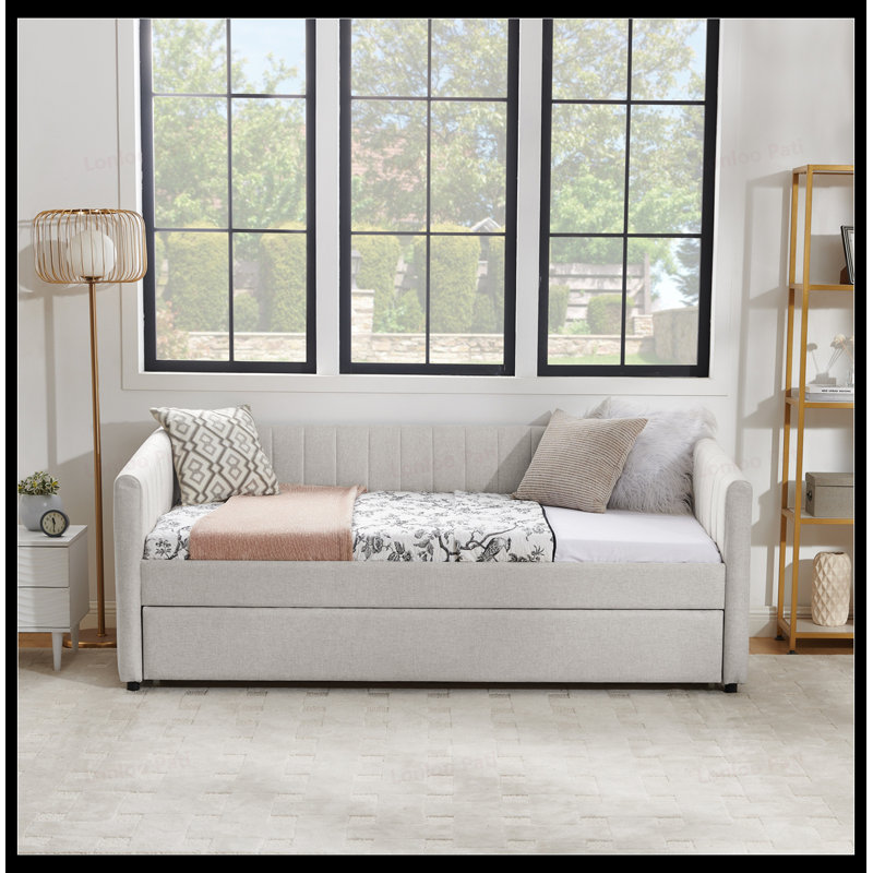 Twin Size Daybed with Trundle, Upholstered in Linen Fabric, Vertical Stripes for Modern Comfort and Style, Beige, Twin