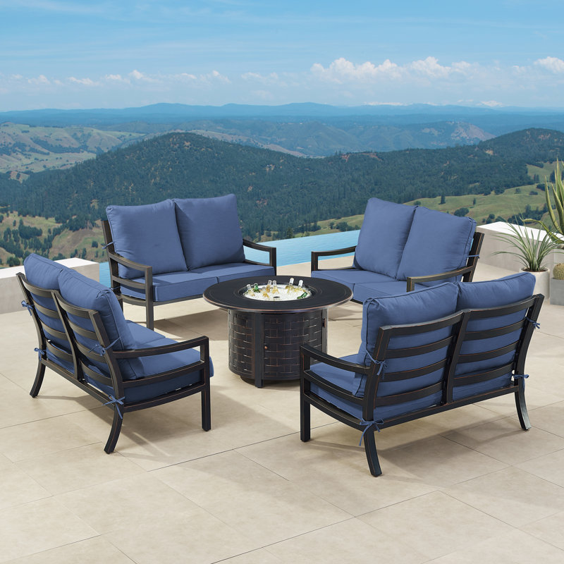 Ensemble de table de foyer en aluminium avec quatre causeuses profondes, Bleu