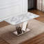 Grande table de salle à manger en faux marbre avec base en acier inoxydable, siège confortable pour 6 personnes, plateau de 70 po en argent et gris, fêtes polyvalentes
