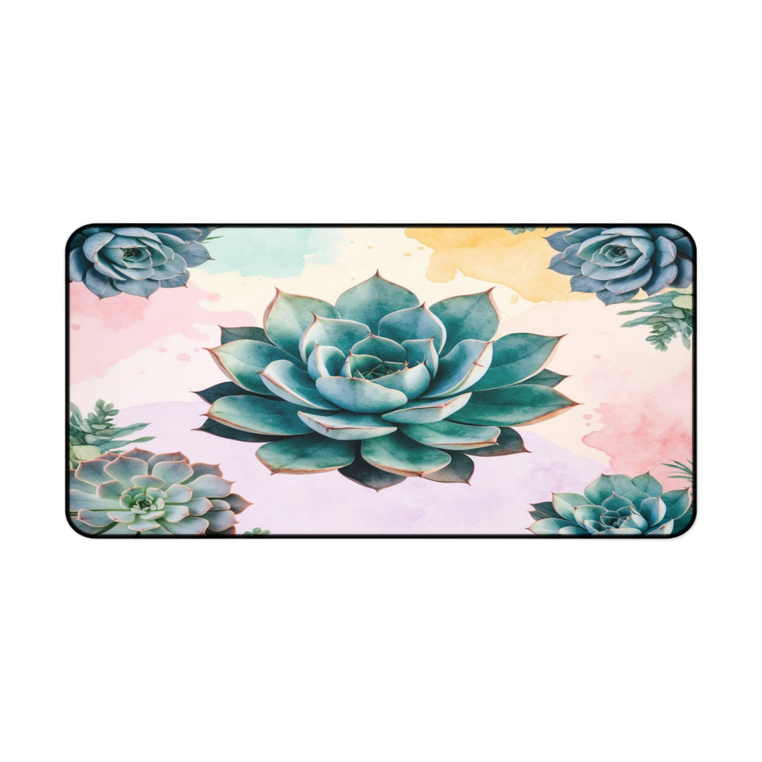 Succulent Watercolor Desk Mat, Botanical Plant Mouse Pad, Pastel Aesthetic Office Decor, Nature Inspired Workspace Accessory, Cute Floral