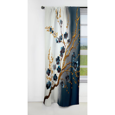 Blue Cherry Blossom Branch V - Tree Bonsai Curtain - Velvet Blackout Floral Curtain - 1 Panels