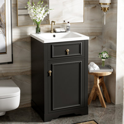 Meuble-lavabo de 20 po avec lavabo en céramique, design et rangement pour porte pour lavabo rétro - 20 po. Compact indispensable. Style classique. Porte à fermeture en douceur, tablette réglable. Rack. Finition noire.