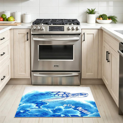 Blue Machine Washable,Beautiful Turtle with Watercolor Sea Indoor Area Rug
