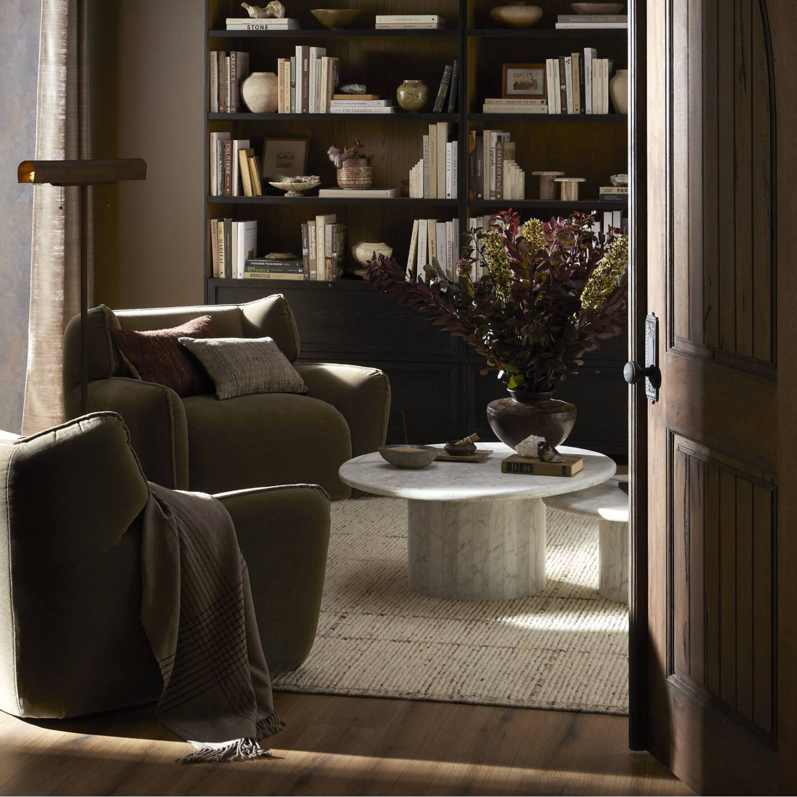 Pine Swivel Club Chair, Olive Performance Velvet