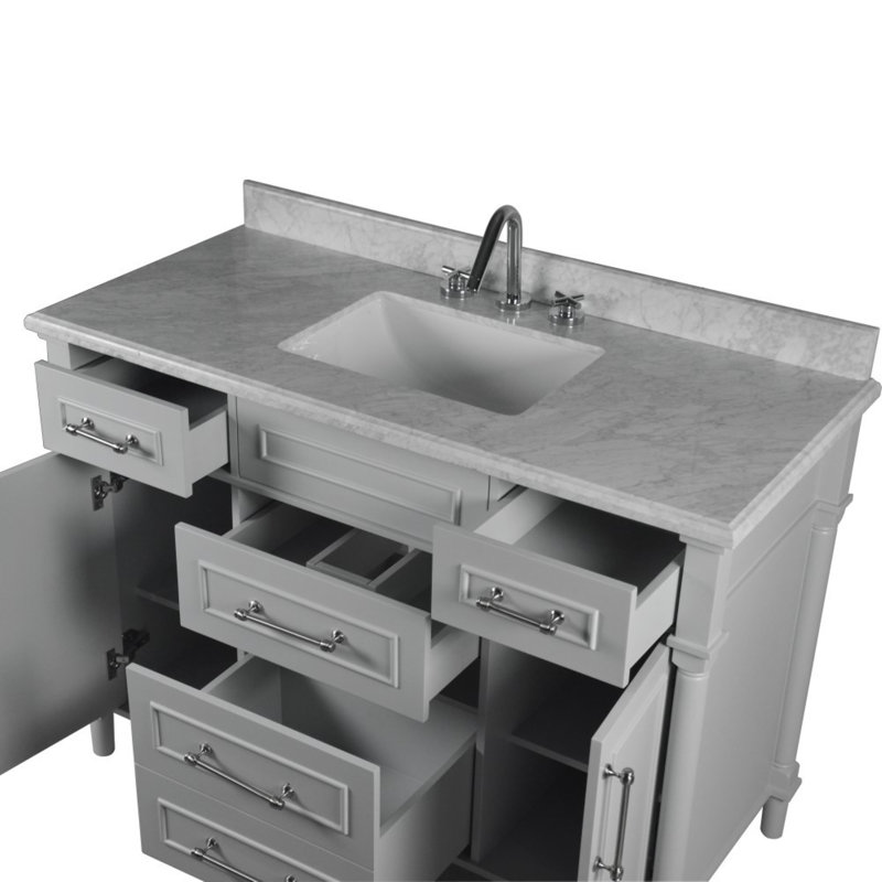 48” Single Vanity Set With White Carrara Marble Top and Mirror, Light Grey