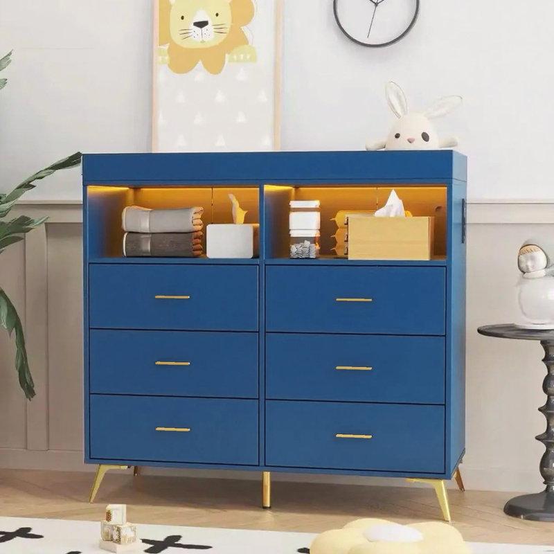 6 Drawer Dresser with Changing Table Top, LED Lights & Charging Station, Modern Baby Changing Table Dresser, Blue