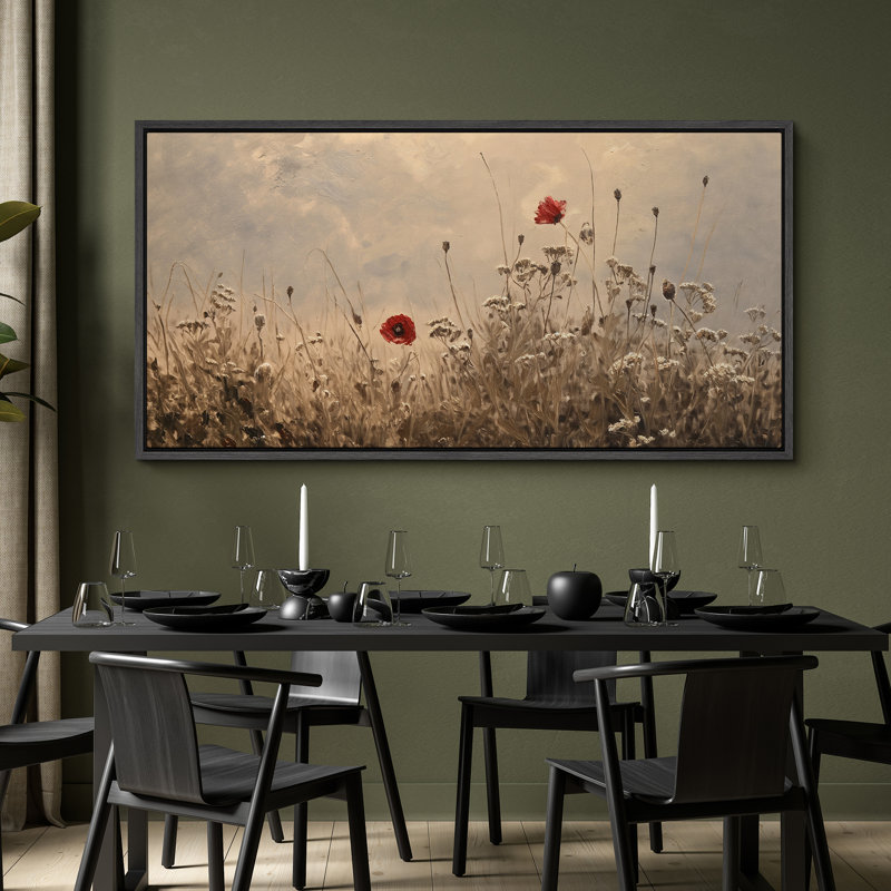 Coquelicots rouges dans un champ chaud sous une douce lumière du matin - reproduction d'art sur toile encadrée, Noir