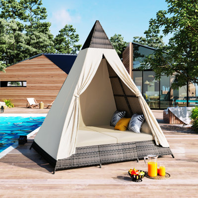 Lit de jour pour tente d'extérieur - brun et beige, coussins confortables, structure, pieds réglables, structure de patio pour la détente dans le jardin, espaces de vie colorés