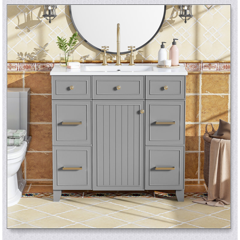 Meuble-lavabo gris 36 po avec lavabo en céramique, bois massif, portes à fermeture douce, tablettes réglables et rangement pour sèche-cheveux