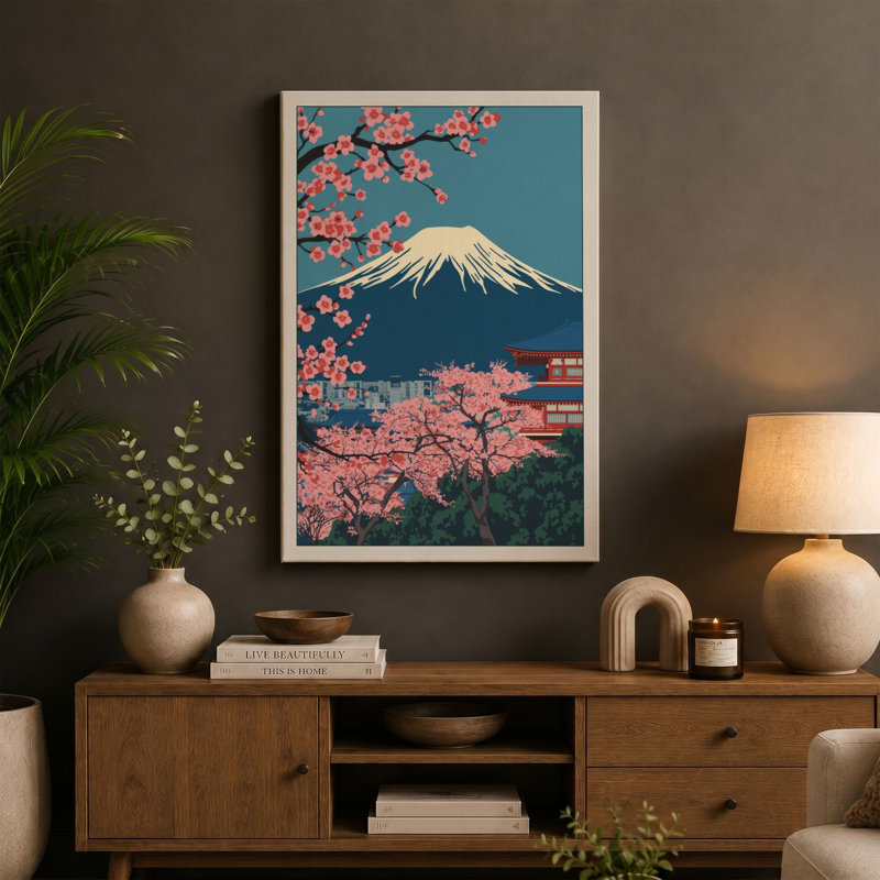 Moonlit Cherry Blossom Japandi - Wrapped Canvas, 36x24 - 91.4 x 61.0 cm, Cream Border
