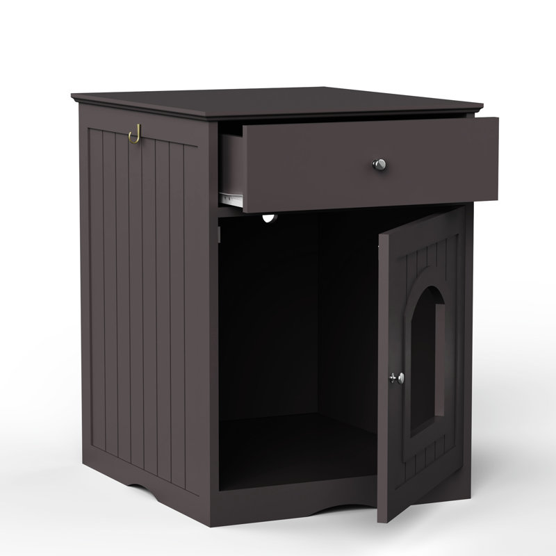 Cage en bois pour animaux de compagnie avec bac à litière pour chat, table d'appoint, tiroir, table de chevet brune pour chats