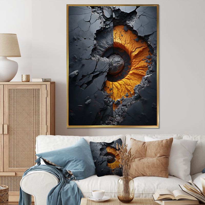 Volcan jaune en spirale de lave - art abstrait spirales murales, Cadre flottant doré, 32" H x 16" W