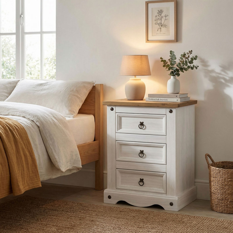 Mauldin 3 Drawer Bedside Table, White