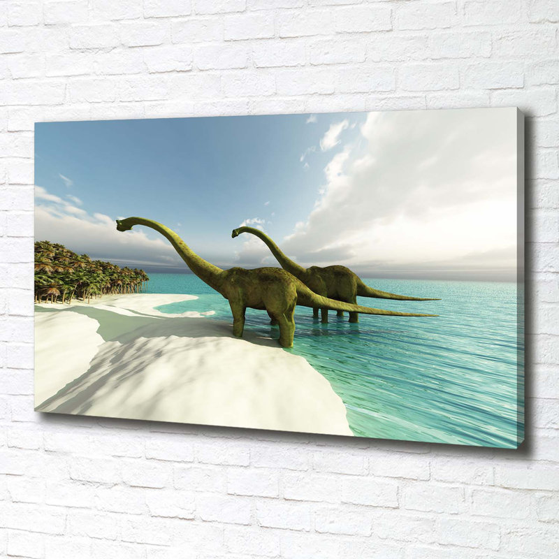 Dinosaurs On The Beach - No Frame Print on Canvas