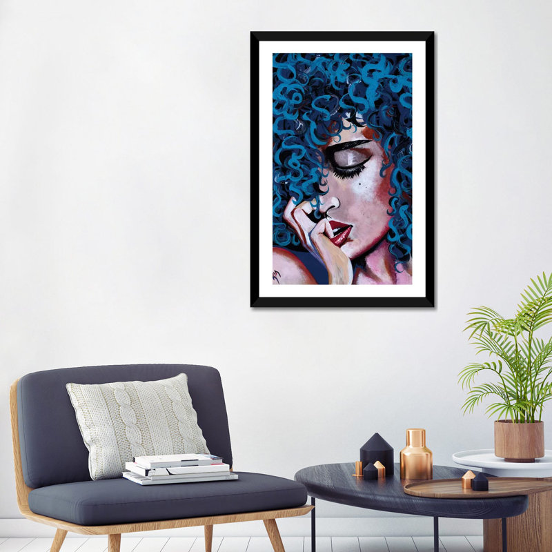 «A Happy Woman Is a Satisfied Woman» par l'artiste Ria - reproduction d'art, H 32 po x l 24 po x P 1 po, Papier encadré noir