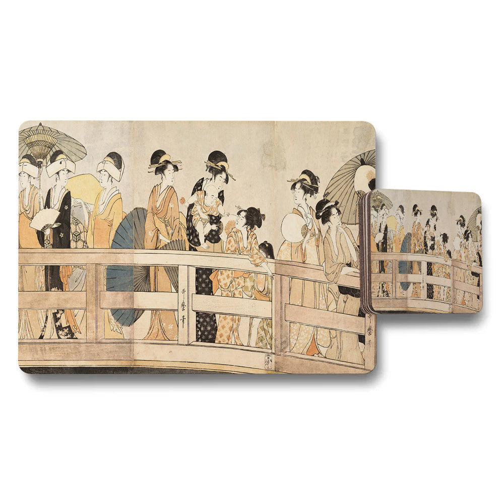 Placemat And Coaster Set Featuring Ukiyoe Bridge Scene Artwork