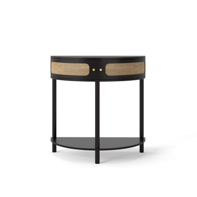 Unique Half Moon Design End Table with Sliding Rattan Door,Elegant Semi-circle Entryway Console Table with 2 Rattan Storage Cabinet and Bottom Shelf f