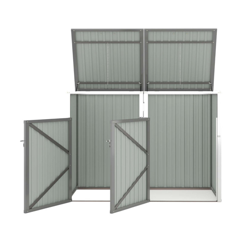 Garbage Bin Shed Stores, 2 Trash Cans, Metal Outdoor Bin Shed for Garbage Storage, Gray