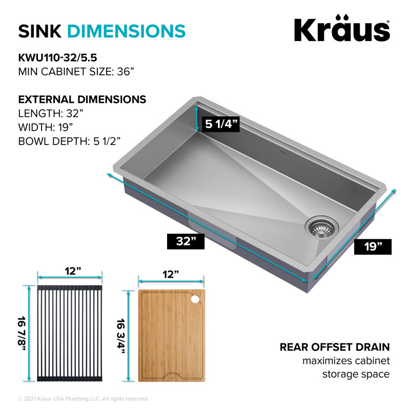 Kore™ ADA Workstation 16 Gauge Stainless Steel Single Bowl Kitchen Sink with Accessories, Undermount, 6" H x 19" W x 32" L