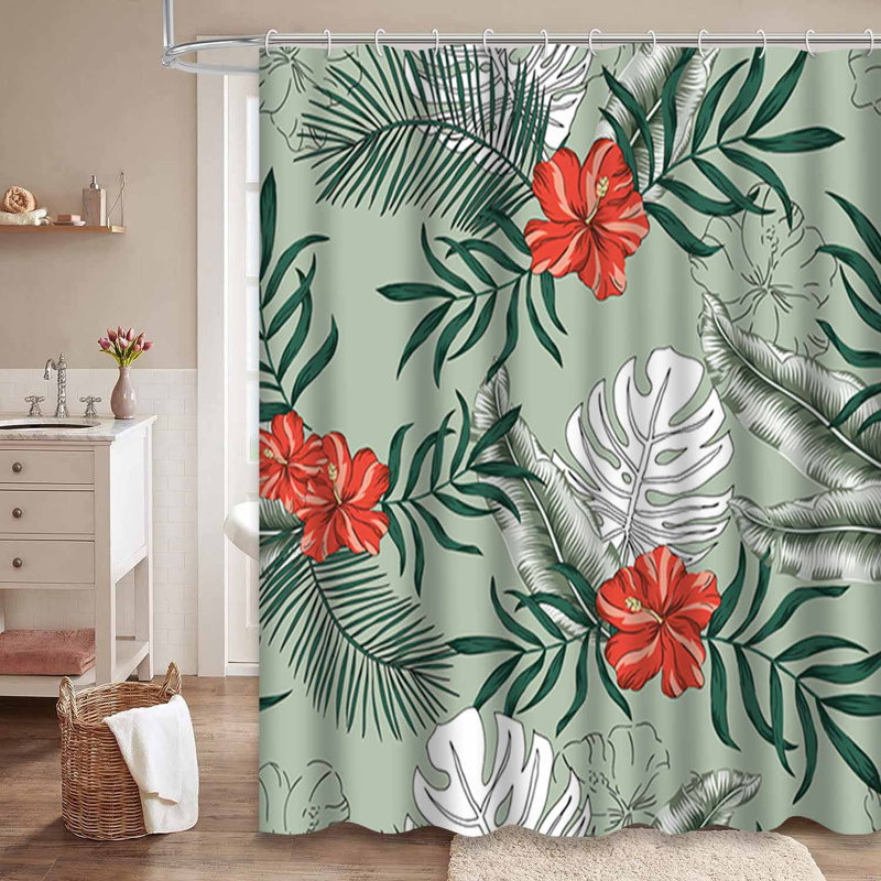 Rideau de douche imperméable à motif de feuilles de palmier tropical vert et vert avec 12 crochets, L 72 po x l 78 po