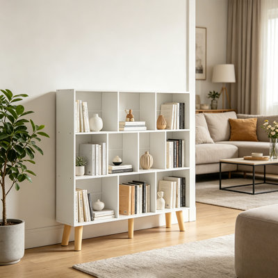 3 Tier Modern Wide Bookcase With Legs, Wood Freestanding Organizer Display Shelf, 10 Cube Bookshelf
