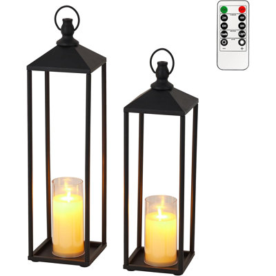 2-Piece Sand Black Modern Farmhouse Metal Candle Lantern Set with Timer Flameless LED Candles, Indoor Outdoor Home Patio Porch Garden Decor, 34cm & 43cm
