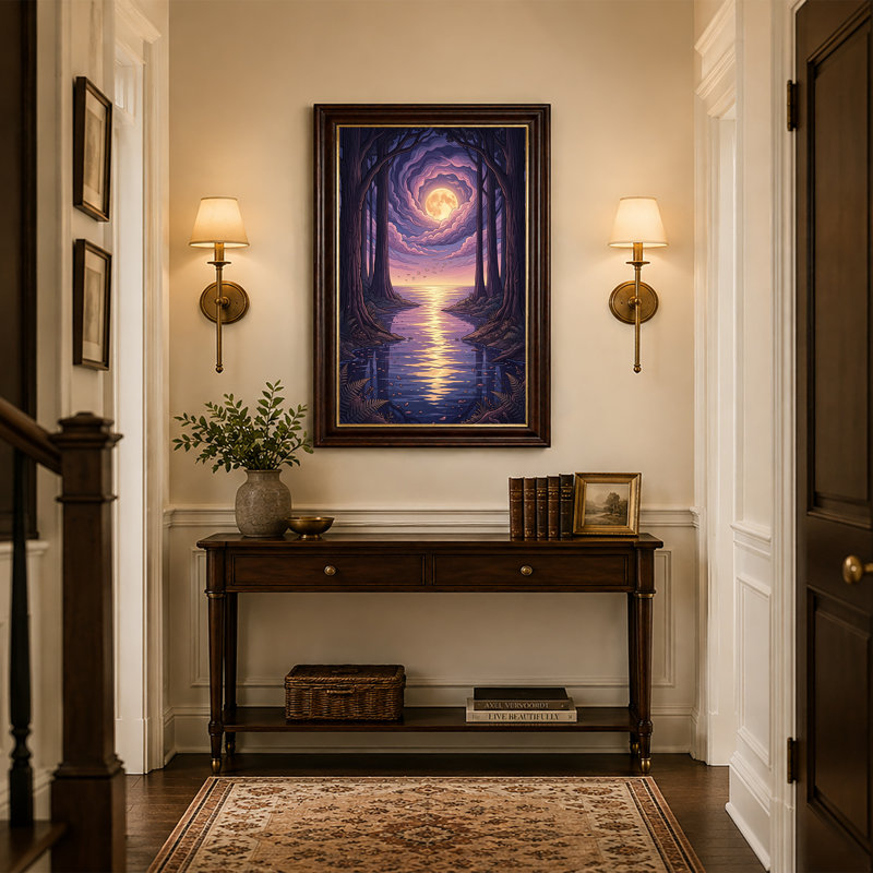 Pleine lune sur une forêt avec des nuages tourbillonnants mauves, art mural sur toile, 18"H x 12"W
