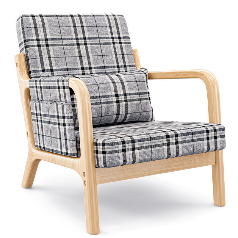 Tartan Accent Armchair, Wooden Upholstered Striped Single Sofa with Thick Cushion, Modern Leisure Cozy Reading Plaid Chair with Side Pocket for Living Room Bedroom Balcony, Tartan Pattern, Broadalbin