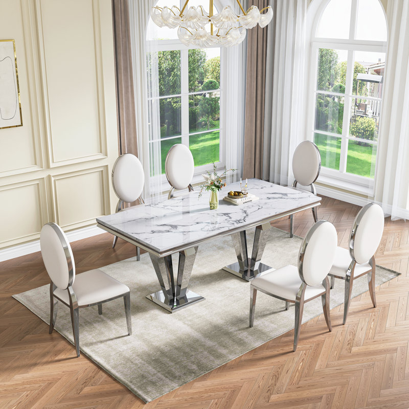 7 Pieces: Table, 6 Chairs, White/Silver, Silver/White
