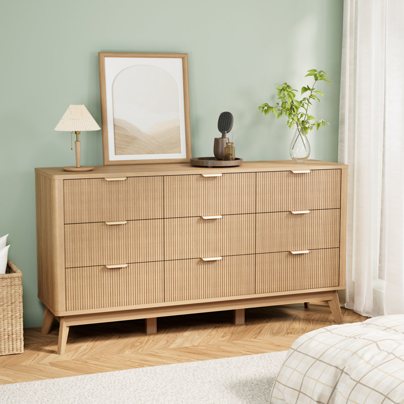 Fluted 9 Drawers Dresser, 59''w 9 Drawers Natural Oak