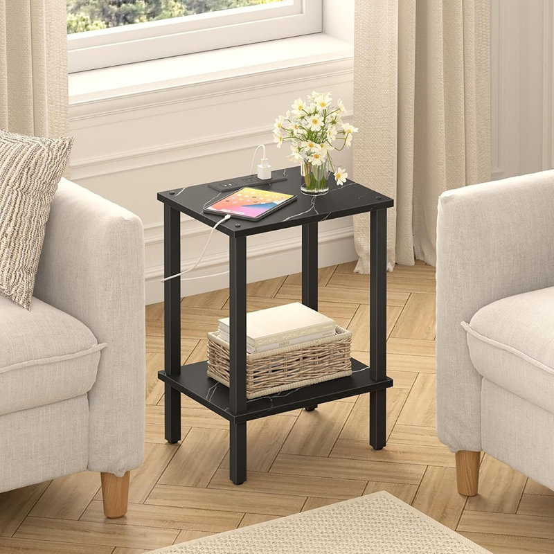 Table de bout en marbre noir avec station de charge, petite table d'appoint et table de chevet à 2 niveaux avec tablette de rangement pour le salon, la chambre à coucher et les petits espaces