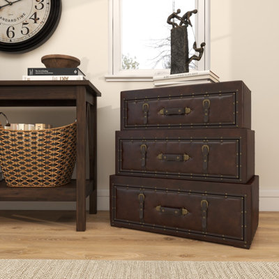 Isabel Wood Vintage Faux Leather Room Chest with Buckles and Straps Detailing