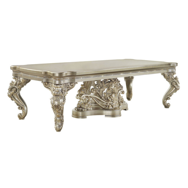 Table de salle à manger Mas, design classique sculpté, or champagne, 110 pouces