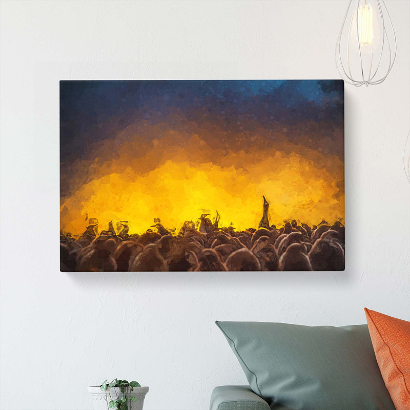King Penguins And Orange Sunset In Abstract - Wrapped Canvas Painting, 50cm H x 76cm W x 3cm D