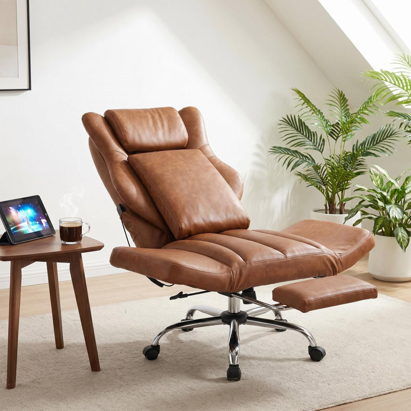 Ergonomic Cross Legged Office Chair With Footrest,leather Big And Tall Executive Chair With Wheels,reversible Armrest And Lumbar Pillow,135° Reclining Computer Wide Desk Chair For,office