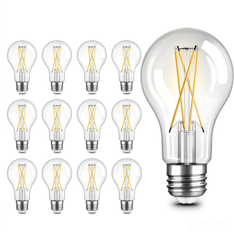 Ampoules à filament A19 équivalentes 8W 60W, 760 lumens, 2700K lumière du jour, ampoules E26 en verre transparent non gradables, paquet de 12