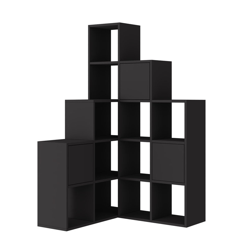 Anyila Corner Bookcase with Modular Cube Design Open and Concealed Shelves Push-to-Open Doors Modern Ladder-Style, Silk Black