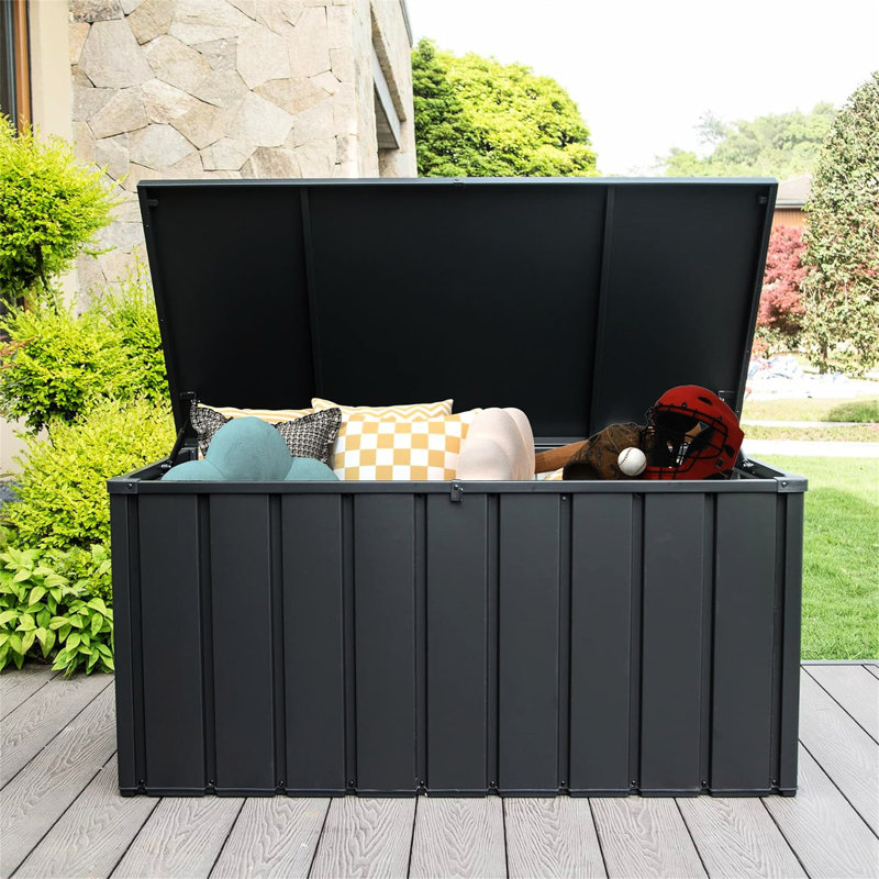 Boîte de rangement imperméable pour terrasse - 150 gallons, verrouillable, gallon gris foncé pour le patio imperméable, peut contenir des accessoires de piscine